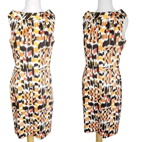 Vintage 90s Sleeveless Boatneck Sheath Dress 10 Orange Brown Abstract Mod USA - Picture 13 of 13